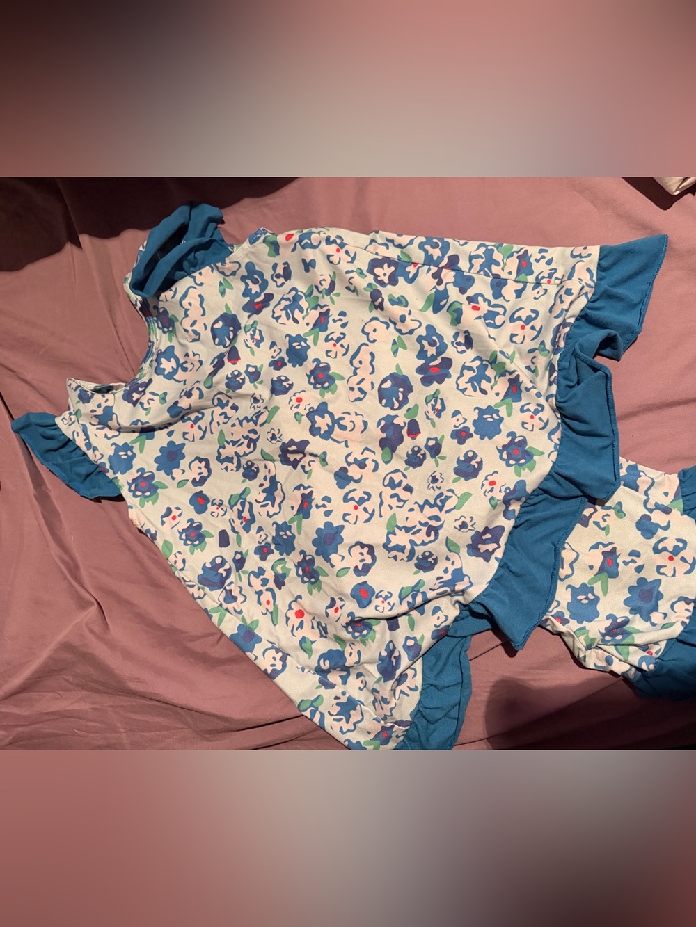 Blue Floral Ruffle Trim Dress